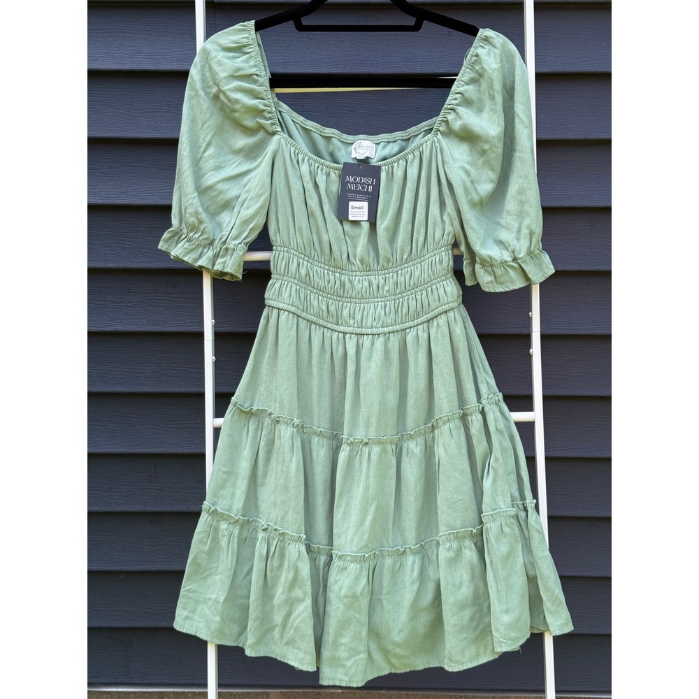 Francesca's‎ Blue Rain Green Smocked Tiered Puff Sleeve Mini Dress S Cottagecore